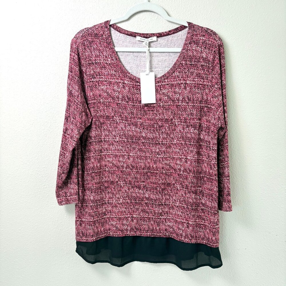 Rose + Olive Top Size XL Pink Gray Print 3/4 Sleeve Stretch Pullover NWT